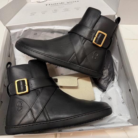 Shapen Shoes - Shapen Barefoot Black Ankle Boots with Gold Buckle - wide and extra wide fit